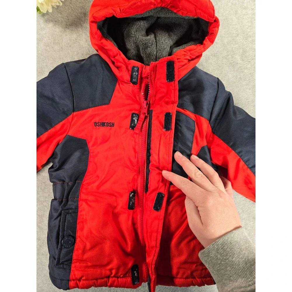 OshKosh B'gosh Toddler Boys Red Navy Colorblock Hooded Winter Puffer Jacket‎ 18M